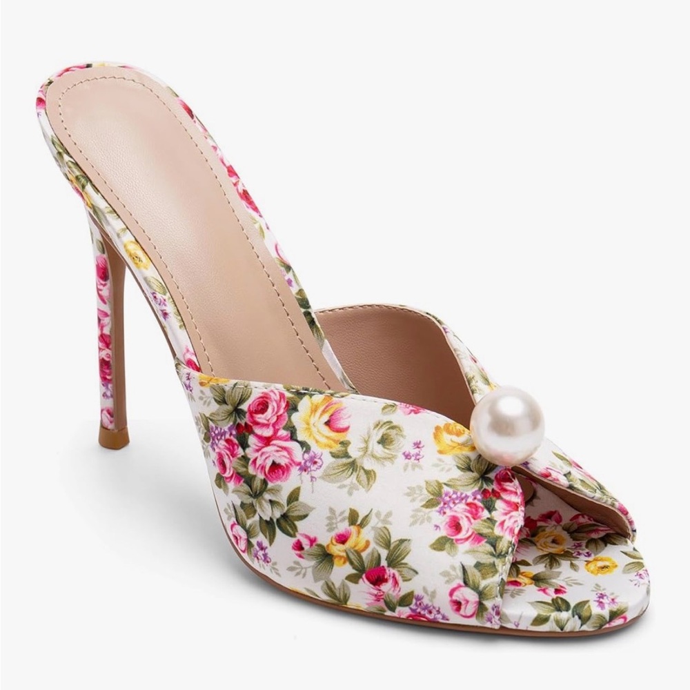 Floral Pearl-Accent Open-Toe High Heel Mule - Pink & Cream
